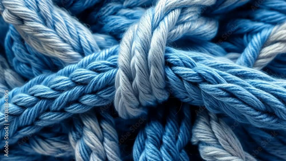 Close-up of blue and white braided rope, showing the texture and detail of the material