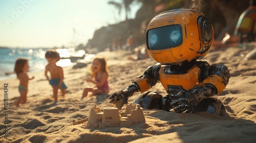 A playful robot builds a sandcastle on the beach, surrounded by children enjoying a sunny day by the ocean.