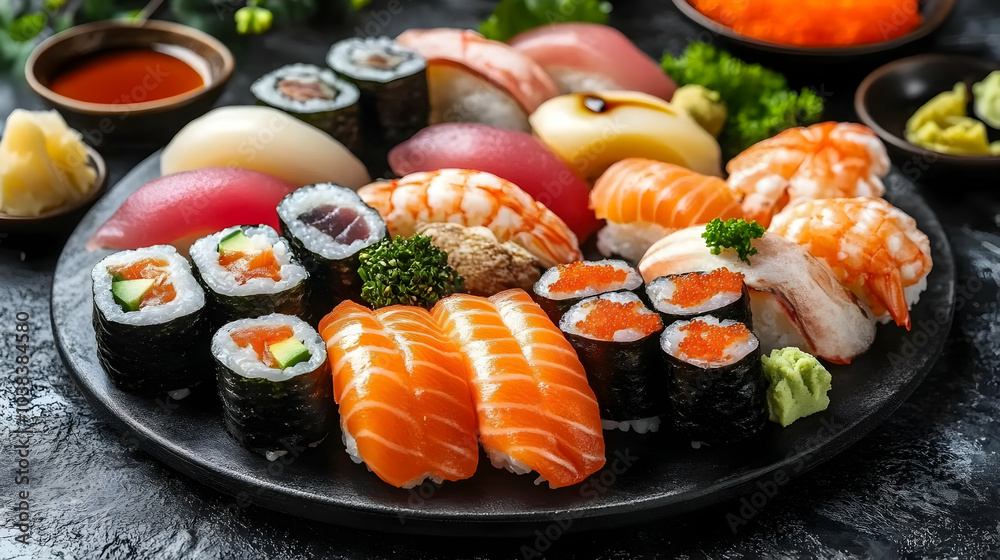 Assorted Sushi Platter on Black Plate. Assorted Sushi Platter on Black Plate.