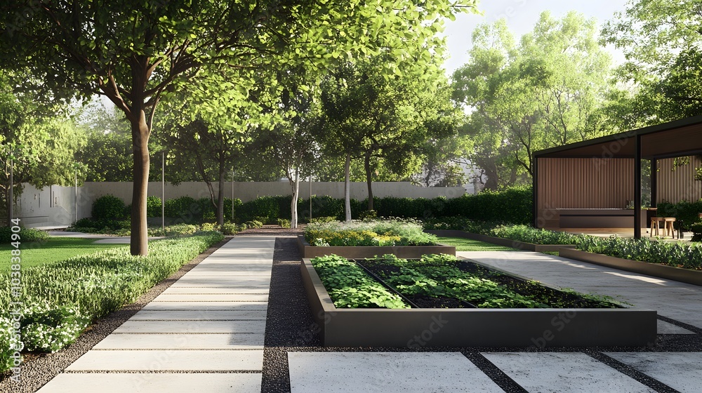 A minimalist garden featuring clean geometric shapes, smart irrigation, and solar energy A minimalist garden featuring clean geometric shapes, smart irrigation, and solar energy