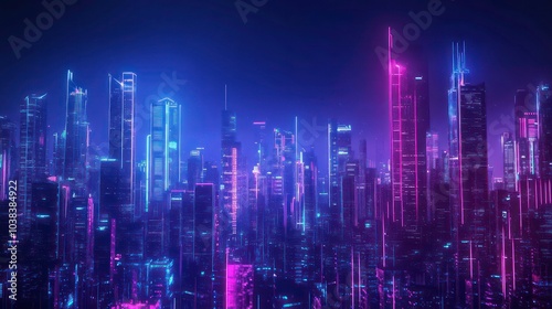 A futuristic cityscape with tall skyscrapers illuminated by neon lights, creating a vibrant and colorful night scene.