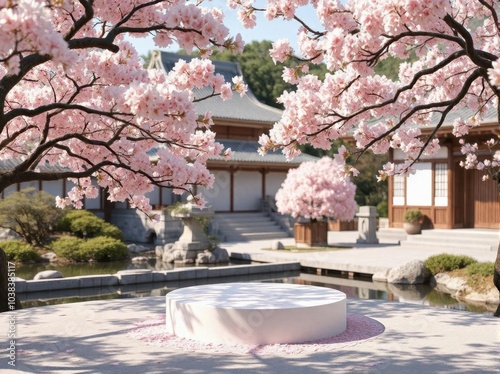 Serene product podium amidst blooming cherry blossoms in an Edo-period Japanese temple garden