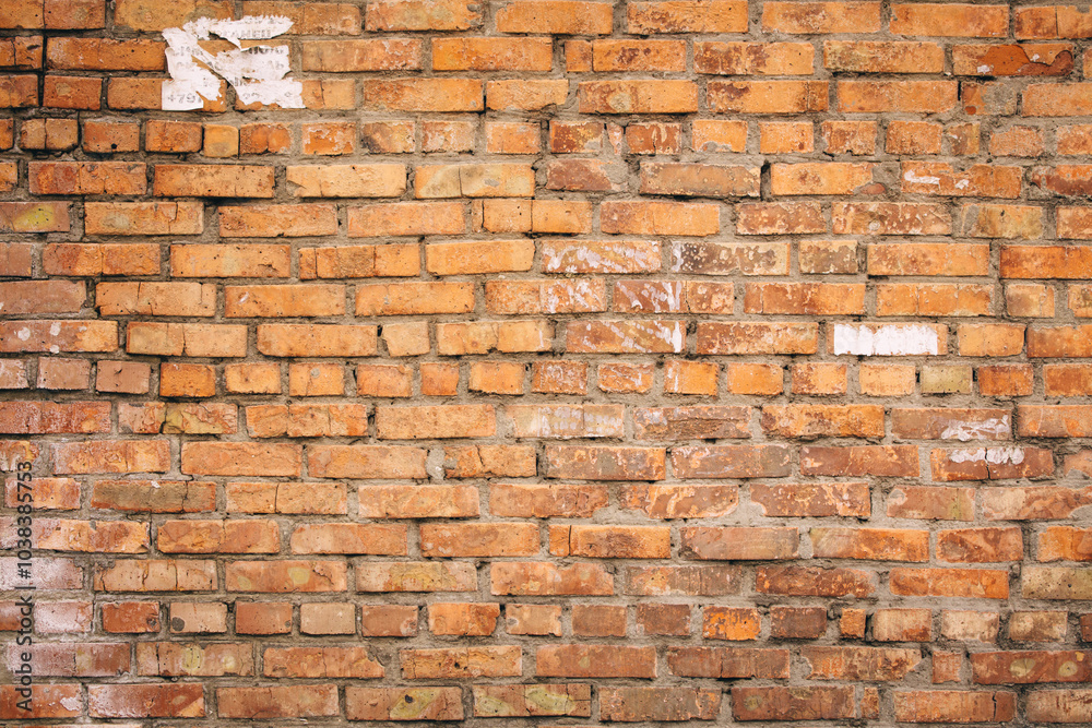 Obraz premium Old grungy brick wall. Free space for an inscription. Can be used as a background or poster. Fragment of a wall with bumps and shabby plaster.