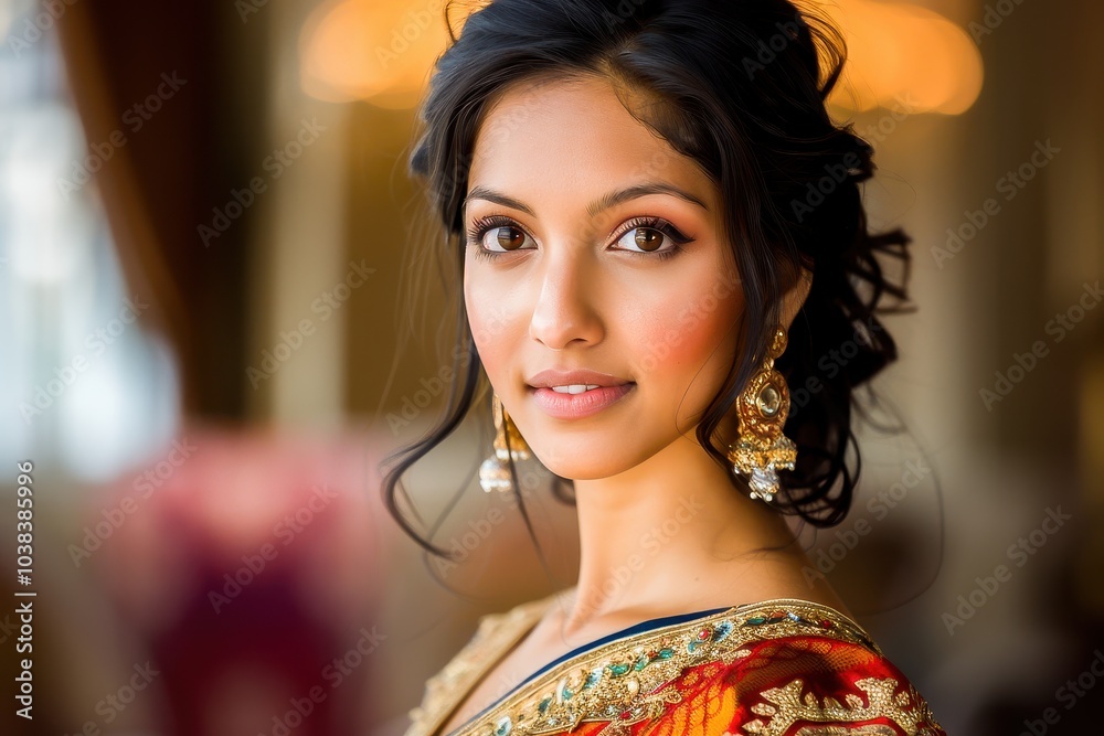 Portrait of a woman in traditional attire, showcasing elegance and cultural beauty with vibrant clothing and ornate jewelry.