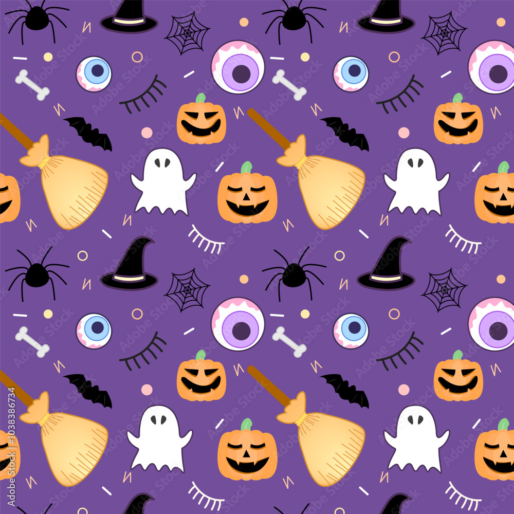 Halloween theme seamless pattern with eye balls, ghosts, spiders, bats, bones, pumpkins as Jack O Lantern, witch hats and brooms on violet background Halloween theme seamless pattern with eye balls, ghosts, spiders, bats, bones, pumpkins as Jack O Lantern, witch hats and brooms on violet background