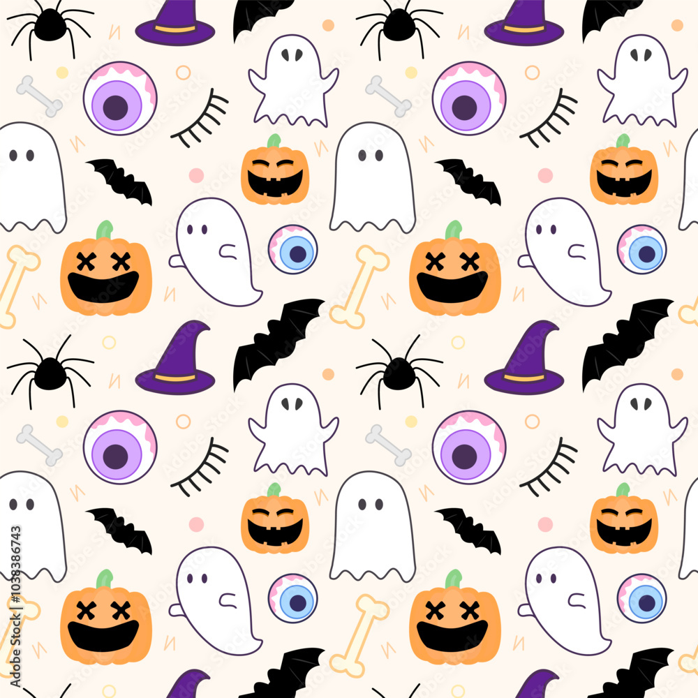 Halloween theme seamless pattern with eye balls, ghosts, spiders, bats, bones, pumpkins as Jack O Lantern and witch hats on light yellow background Halloween theme seamless pattern with eye balls, ghosts, spiders, bats, bones, pumpkins as Jack O Lantern and witch hats on light yellow background