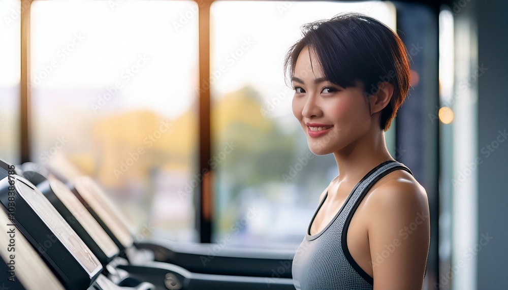 ランニングマシンで運動する若い女性(Young woman exercising on a treadmill)
ランニングマシンで運動する若い女性(Young woman exercising on a treadmill)