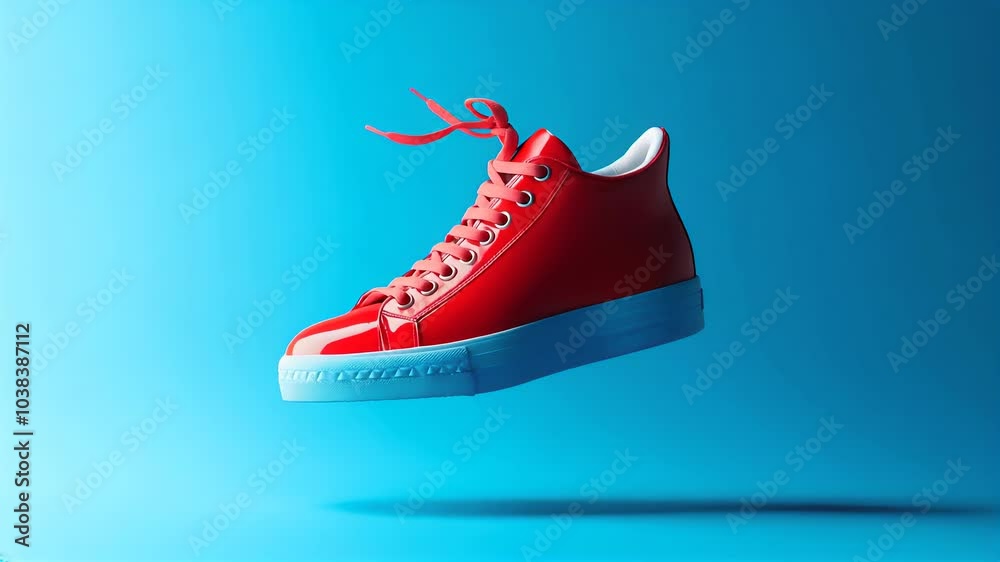 Bright red sneaker floating against a blue background. Concept of fashion, footwear, and modern design.