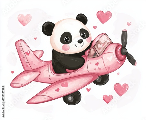 Cute panda riding on a pink airplane, Valentine's Day-themed clipart illustration photo