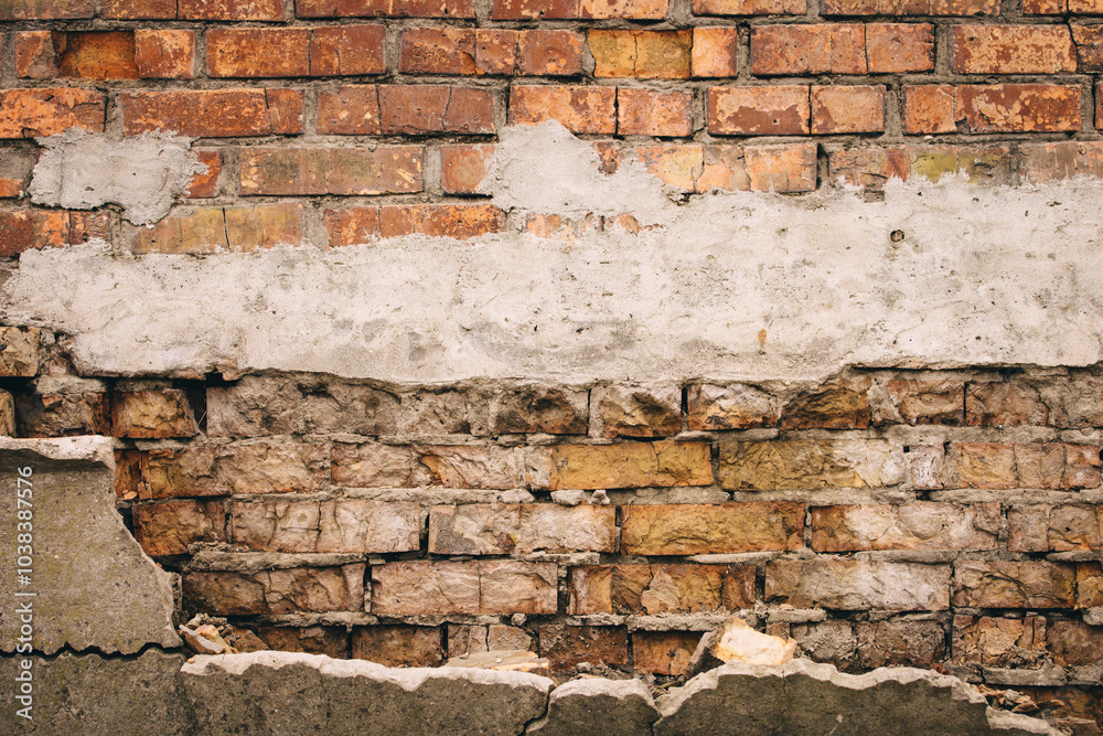 Old grungy brick wall. Free space for an inscription. Can be used as a background or poster. Fragment of a wall with bumps and shabby plaster. Old grungy brick wall. Free space for an inscription. Can be used as a background or poster. Fragment of a wall with bumps and shabby plaster.