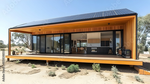 Modern Sustainable Home with Solar Panels and Deck.