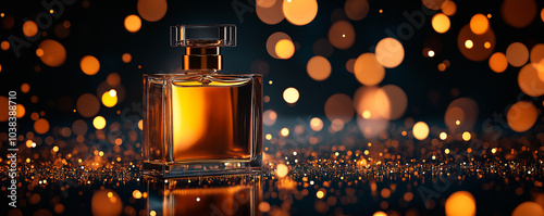 Beautif perfume bottle on striking, golden lights bokeh background with empty space. creating festive and luxury style. gift for holiday, celebration, for scents and cosmetic product presentation.
