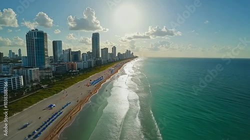 An aerial view of Miami Beach shows the coastline and tall buildings on a sunny day