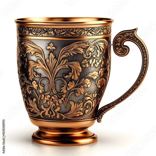 Ornate vintage gold and black mug with intricate floral patterns