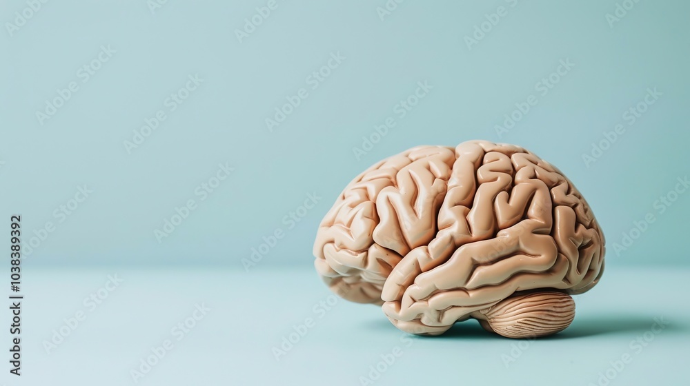Close-up of human brain model with visible tumor, neutral background, soft lighting, medical focus, detailed representation, educational tool for medical professionals and students. Close-up of human brain model with visible tumor, neutral background, soft lighting, medical focus, detailed representation, educational tool for medical professionals and students.