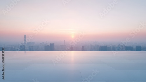 A city skyline with a beautiful sunset in the background