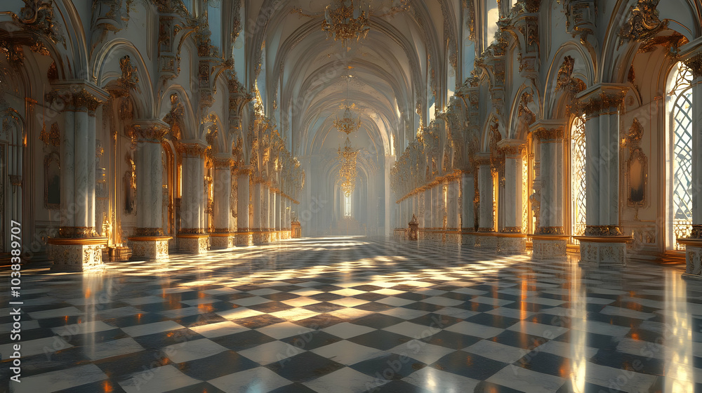 Fototapeta premium Grand Hall with Checkered Floor and Sunlight.