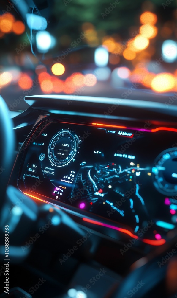 A futuristic car's dashboard with glowing lights. A futuristic car's dashboard with glowing lights.