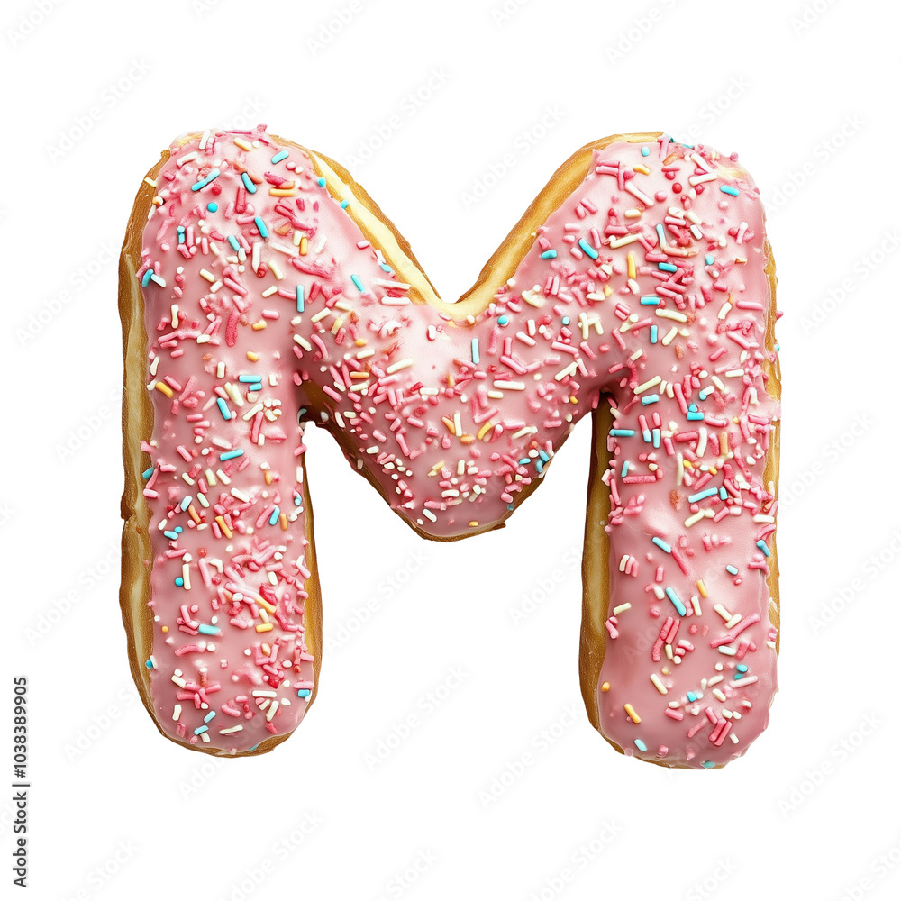 Letter M Doughnut with Pink Icing and Sprinkles Isolated on Transparent Background