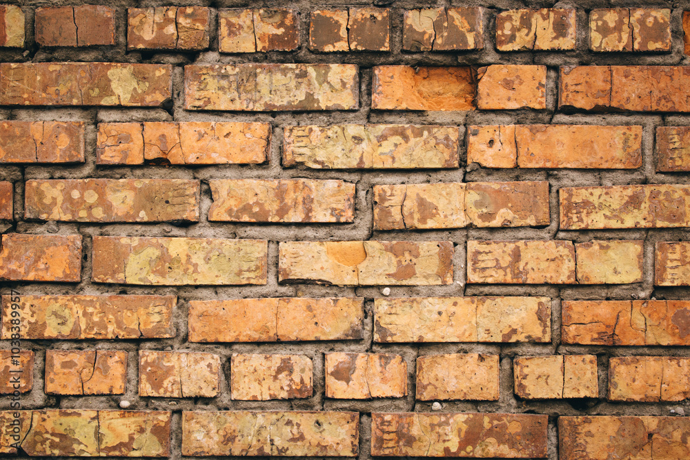 Obraz premium Old grungy brick wall. Free space for an inscription. Can be used as a background or poster. Fragment of a wall with bumps and shabby plaster.