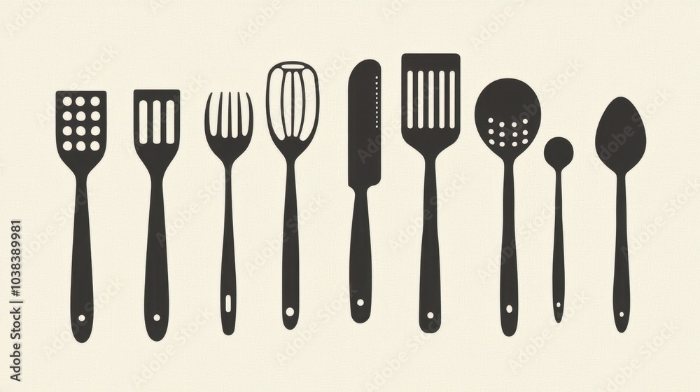 Assorted Kitchen Utensils in Silhouette Design Assorted Kitchen Utensils in Silhouette Design