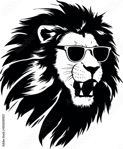 Lion Wearing Sunglasses Vector Black Silhouette Design for T-Shirt