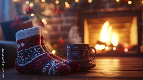 Wallpaper Mural A close-up of a cozy fireplace with festive socks, a steaming mug of hot chocolate, and warm flames casting a soft glow on the room. Torontodigital.ca