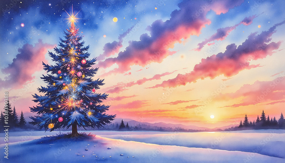 Fototapeta premium Magical winter landscape with a decorated Christmas tree under a colorful sunset sky