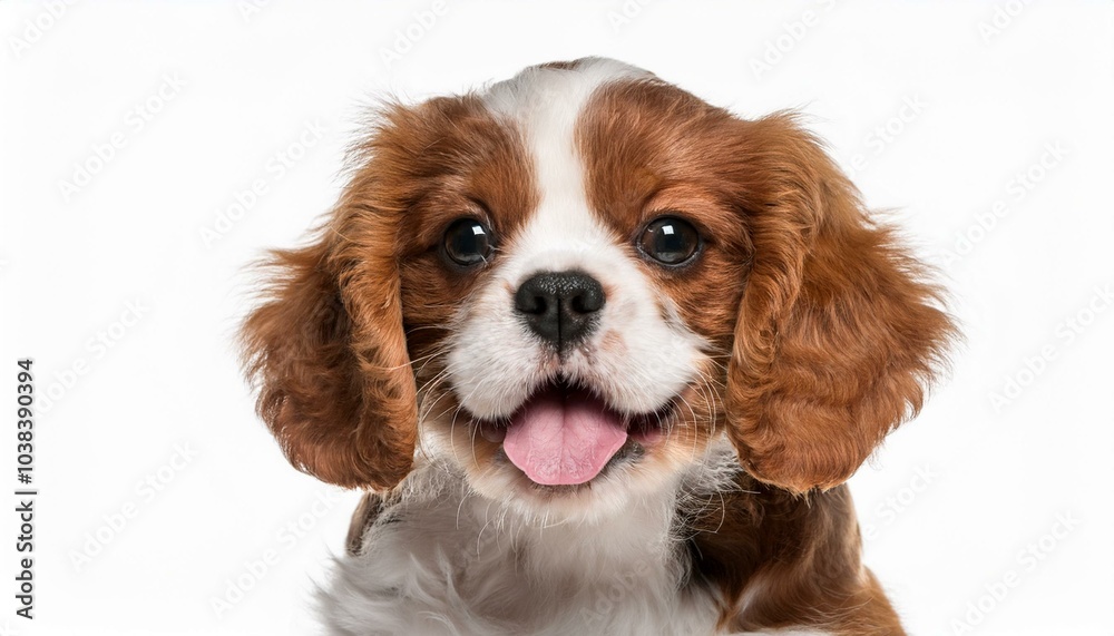 Fototapeta premium 笑顔のキャバリア・キング・チャールズ・スパニエルの子犬のポートレート（Portrait of a smiling Cavalier King Charles Spaniel puppy on white background） 