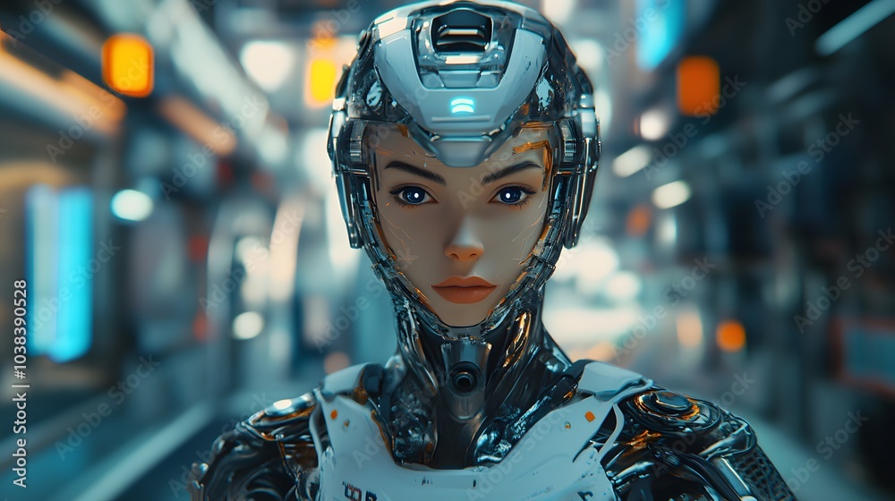 A futuristic AI-generated portrait of a person with a robotic exoskeleton, standing in a high-tech facility. A futuristic AI-generated portrait of a person with a robotic exoskeleton, standing in a high-tech facility.