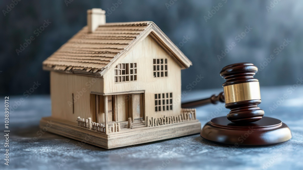 A wooden model house with a gavel in front of it, on a grey background. A wooden model house with a gavel in front of it, on a grey background.