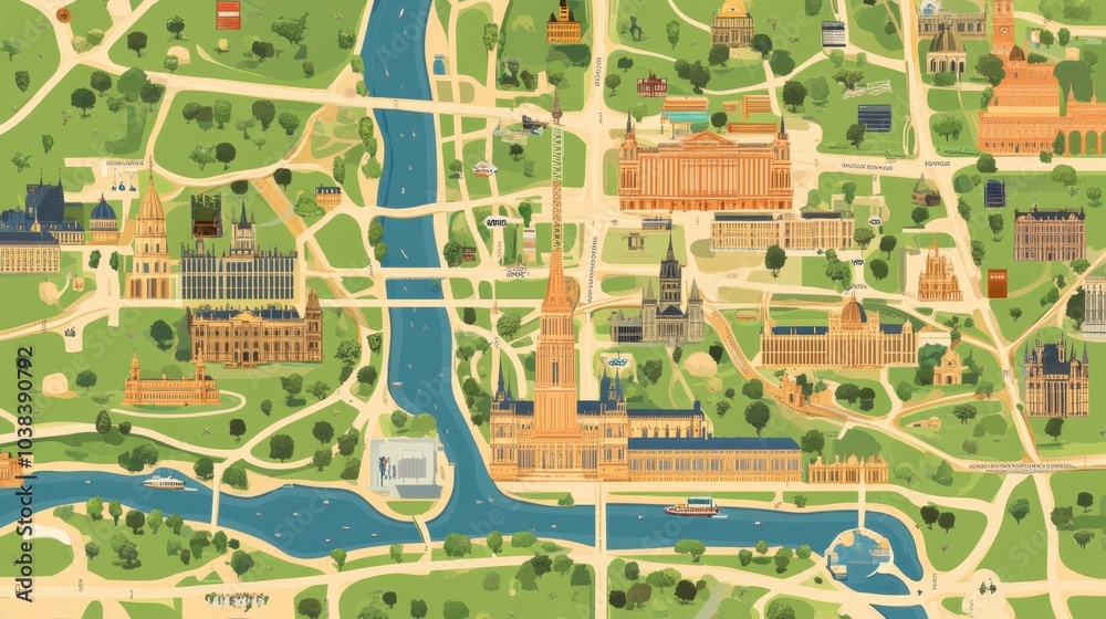 Obraz premium Colorful Map of a Historic City with Landmarks