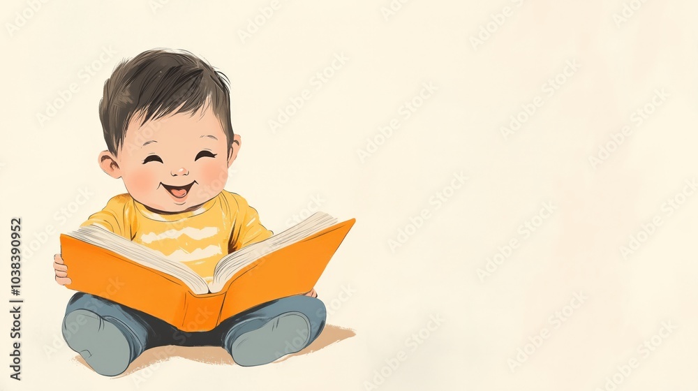 Children's book illustration, happy baby reading a book, minimalistic design, beige background, front view, horizontal Children's book illustration, happy baby reading a book, minimalistic design, beige background, front view, horizontal