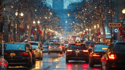 Fototapeta Naklejka Na Ścianę i Meble -  Busy city street with cars and lights. Scene is busy and bustling