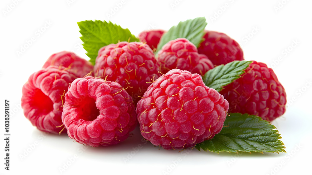 Close-up of Fresh Ripe Raspberries with Green Leaves.