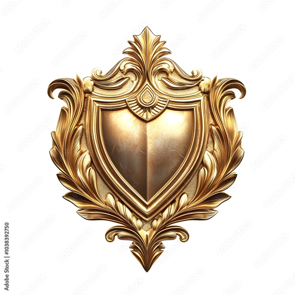 Fototapeta premium Golden ornate shield emblem with intricate baroque patterns on white background