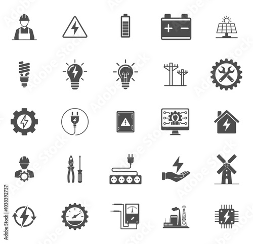 A set of 25 icons representing different aspects of electricity, power, and energy. Includes symbols for electricians, batteries, power lines, light bulbs, plugs, and more