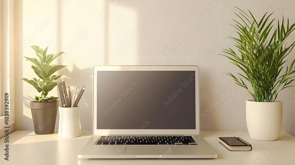 Fototapeta premium Minimalist Workspace with Laptop and Pen on Beige Surface
