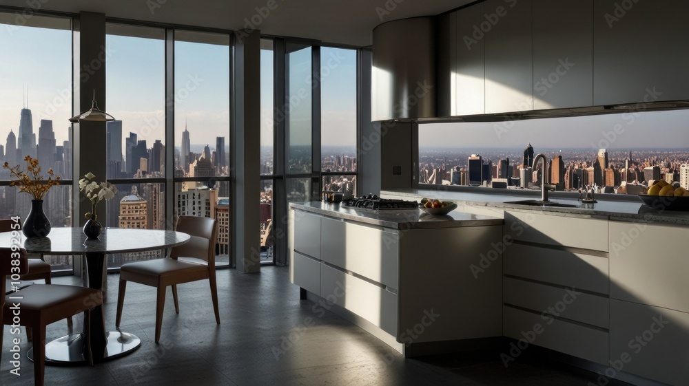 a modern and luxurious kitchen with a grey and dramatic color palette. A stunning panoramic view of the city skyline is visible through floor-to-ceiling windows. a modern and luxurious kitchen with a grey and dramatic color palette. A stunning panoramic view of the city skyline is visible through floor-to-ceiling windows.