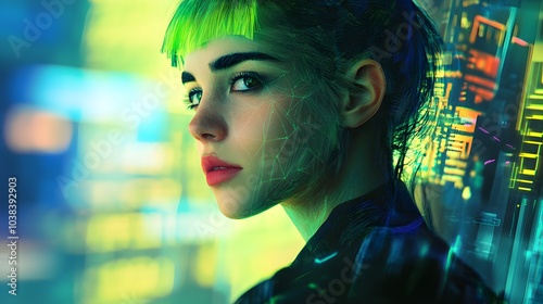 A vibrant AI-generated portrait of a person with neon green hair and glowing geometric tattoos, blending into an abstract futuristic landscape. photo