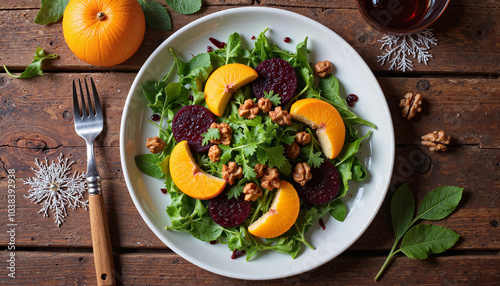 Beet and orange salad with walnuts on arugula, vibrant autumn dish