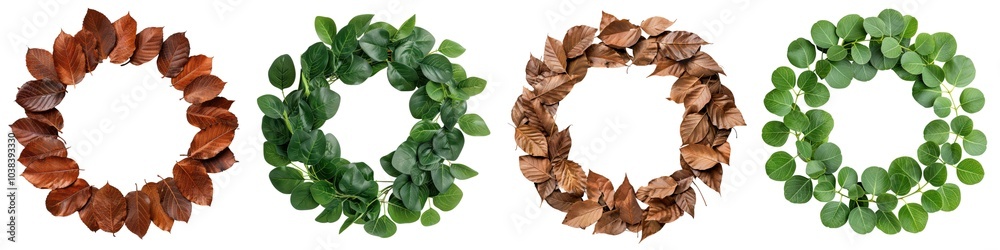 Collection of natural leaf wreaths on white background, showcasing diverse foliage textures and colors. Collection of natural leaf wreaths on white background, showcasing diverse foliage textures and colors.