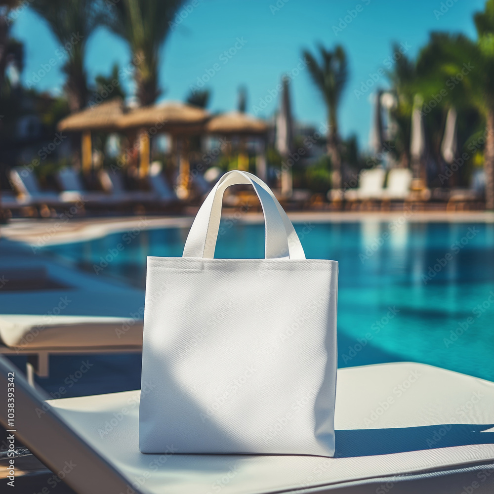 Naklejka premium Empty white blank tote bag with free copy space by the pool