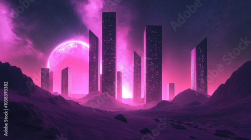 A glowing futuristic desert city with tall building silhouettes highlighted by neon lights under a starry sky. photo