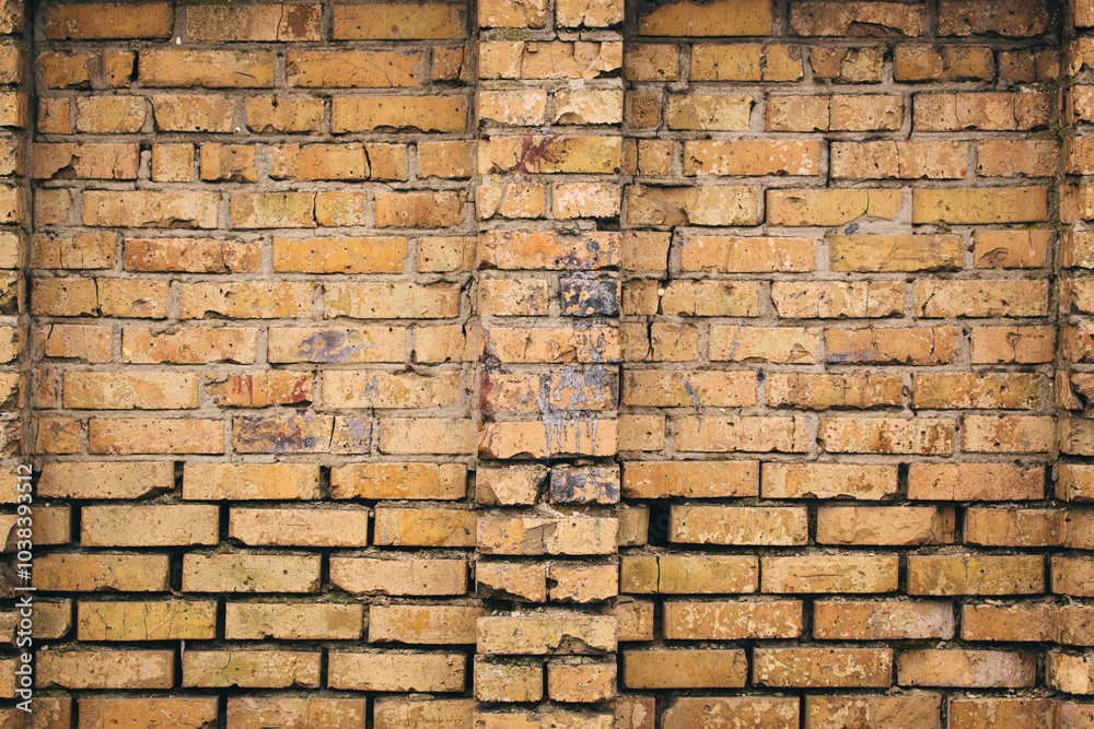 Fototapeta premium Non-linear pattern of an old shabby brick wall with natural patterns of paint chips. Restoration of semi-antique brick walls. A basic neutral background for a design project.