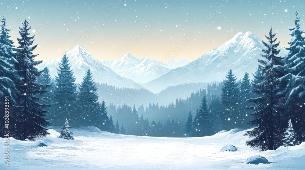 Fototapeta premium Winter landscape with snow and fir trees as vintage christmas wallpaper