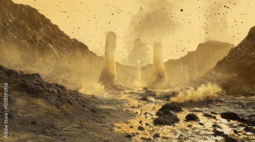 A volatile planet with towering geysers that periodically shoot water or gas high into the sky photo