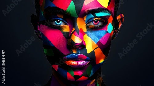 A vibrant AI-generated portrait of a person with geometric face paint and bright colors, blending into abstract shapes. photo