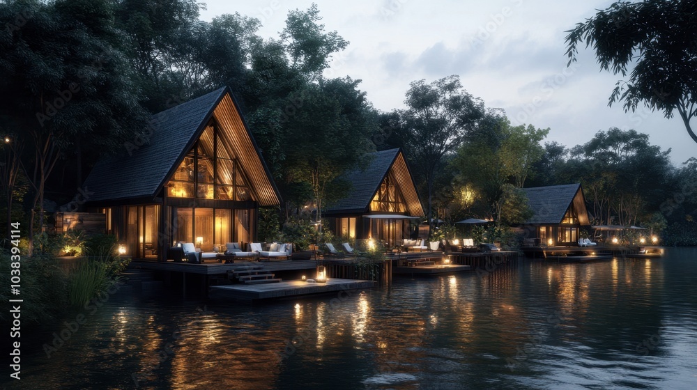 Cozy Lakeside Cabins in Serene Evening Setting Cozy Lakeside Cabins in Serene Evening Setting