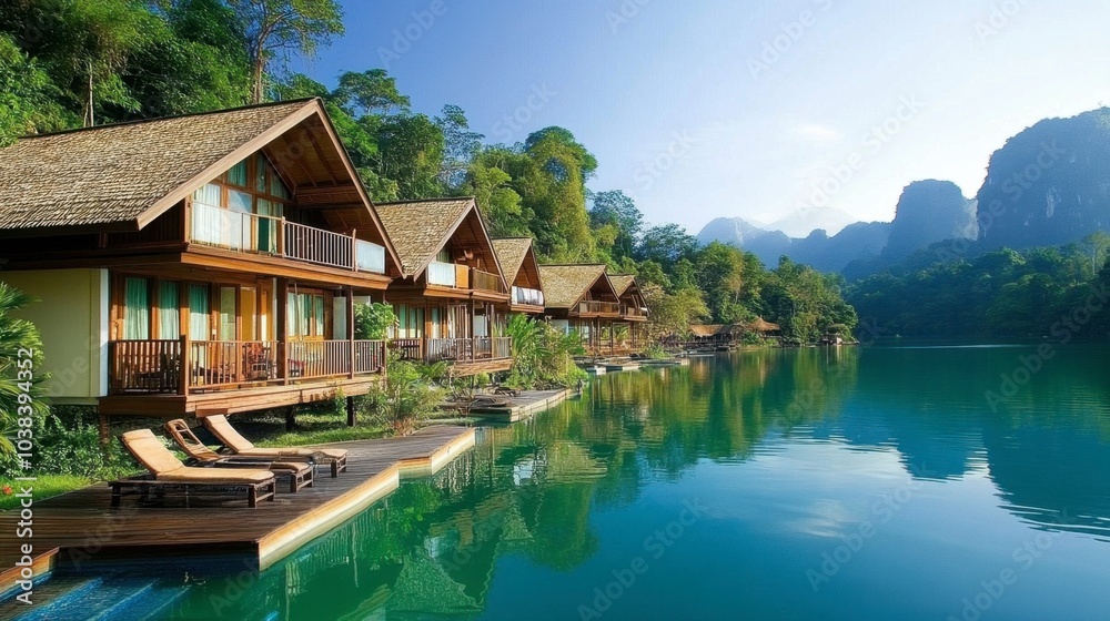 Obraz premium Serene Lakeside Retreat with Wooden Villas